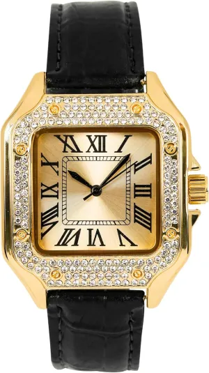 ?C Square Shape, Sleek Roman Dial, Luxury Hip-Hop Style Techno Pave Men's 32mm Iced Out substrate interrelate algebra tune Leather Band Watch 