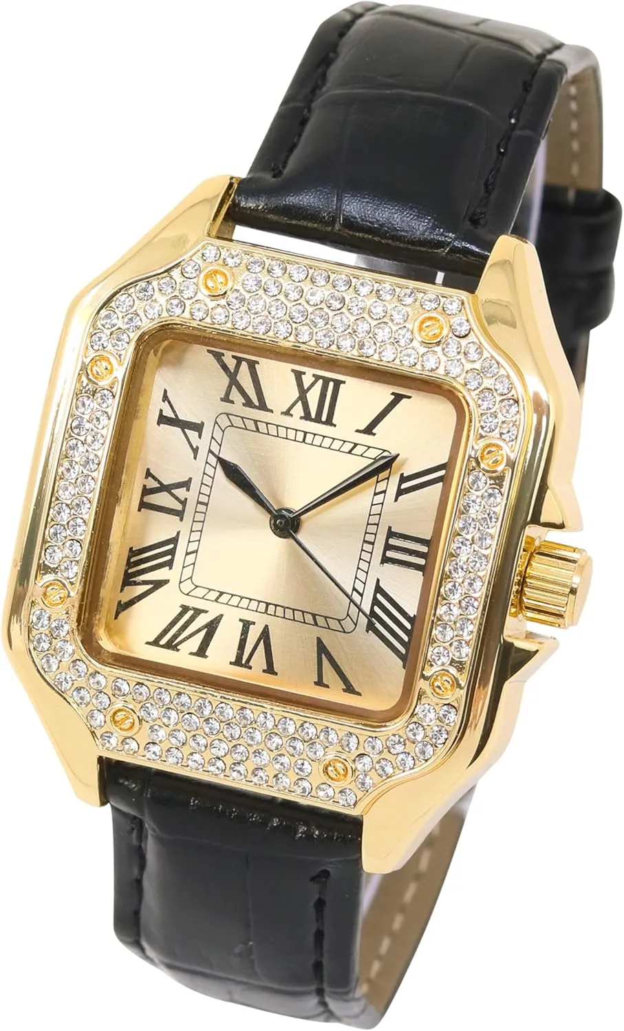 ?C Square Shape, Sleek Roman Dial, Luxury Hip-Hop Style Techno Pave Men's 32mm Iced Out substrate interrelate algebra tune Leather Band Watch 