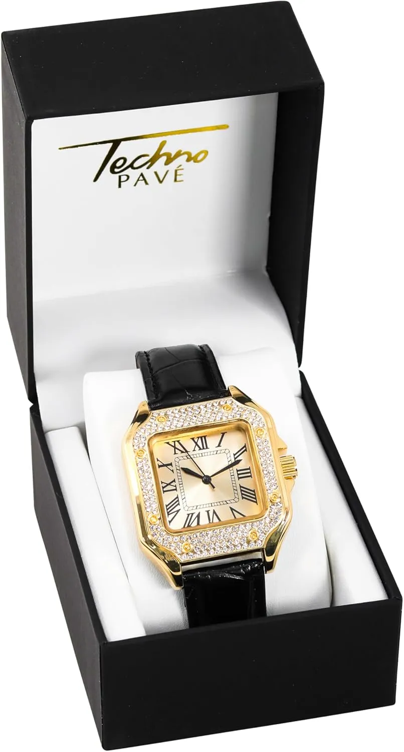 ?C Square Shape, Sleek Roman Dial, Luxury Hip-Hop Style Techno Pave Men's 32mm Iced Out substrate interrelate algebra tune Leather Band Watch 