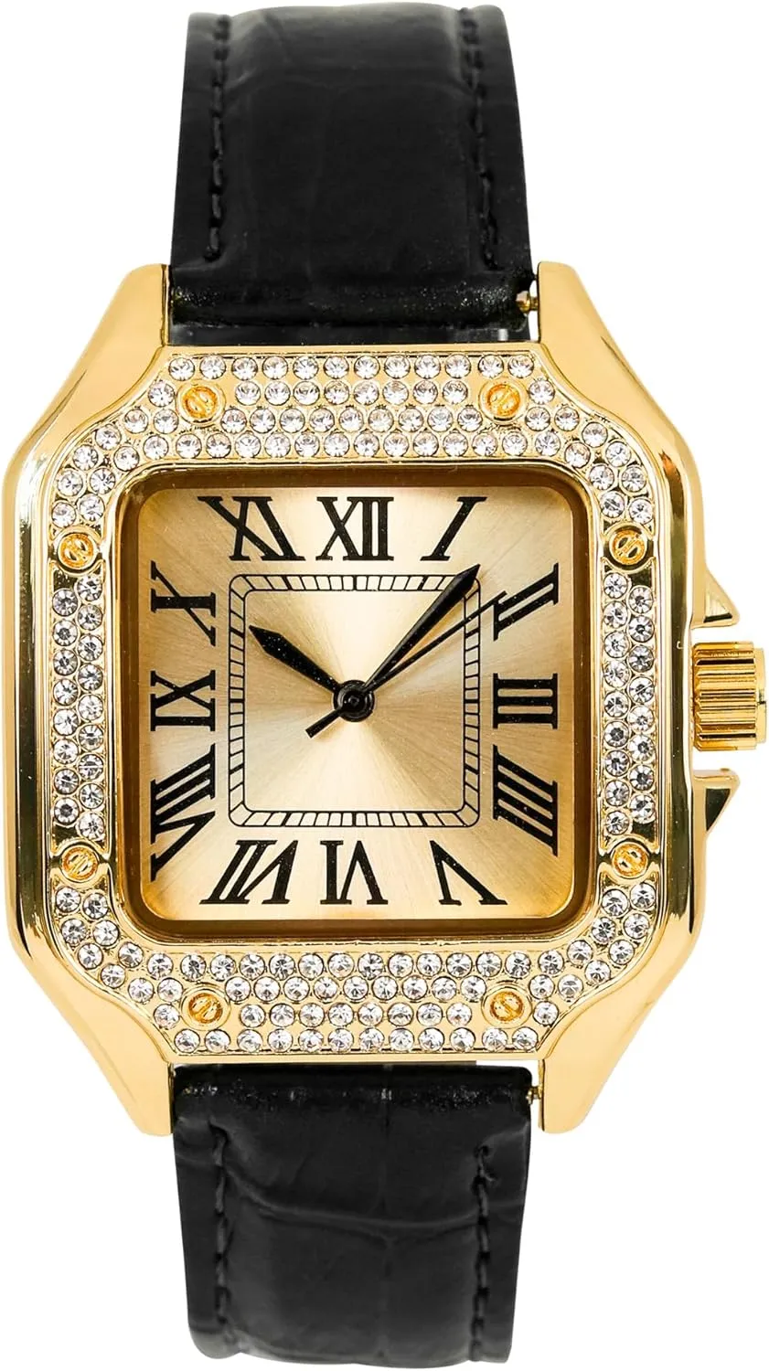 ?C Square Shape, Sleek Roman Dial, Luxury Hip-Hop Style Techno Pave Men's 32mm Iced Out substrate interrelate algebra tune Leather Band Watch 