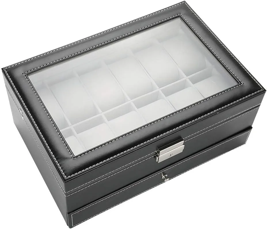Capacity for Rings Earrings Double Layer PU Leather Wood Watch Holder with Transparent Glass Cover, Sturdy Jewelry Storage Box, Space Saving Wristwatch Display Case, jelly fiber High 