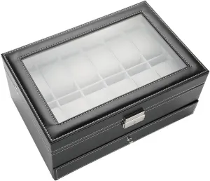 Capacity for Rings Earrings Double Layer PU Leather Wood Watch Holder with Transparent Glass Cover, Sturdy Jewelry Storage Box, Space Saving Wristwatch Display Case, jelly fiber High 