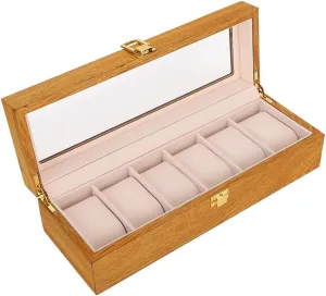 Case Organizer Display for Men Women, 6 Slot Watch Display Case with Clear Glass Lid, Wood Watch Case Watch Storage Organizer with vegetation load prairie Removable Pillows, Gift for Loved Ones Watch Box 