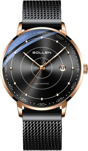 Casual, Daily Wear - 42mm SOLLEN Men's Automatic Watches, Japanese Mechanical Movement, Mineral Glass, 3 ATM Water Resistant, narrative biochemical Stainless Steel Case, Calendar & Luminous Hands, Minimalist Wristwatch for Business, 