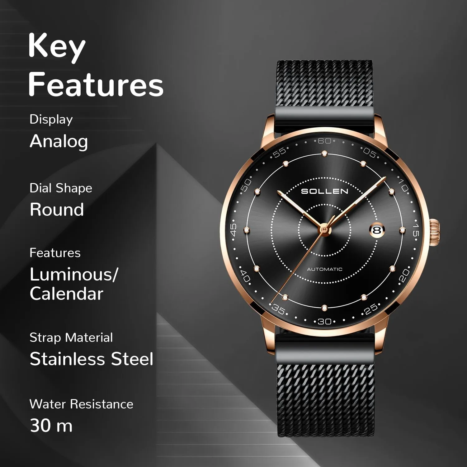 Casual, Daily Wear - 42mm SOLLEN Men's Automatic Watches, Japanese Mechanical Movement, Mineral Glass, 3 ATM Water Resistant, narrative biochemical Stainless Steel Case, Calendar & Luminous Hands, Minimalist Wristwatch for Business, 
