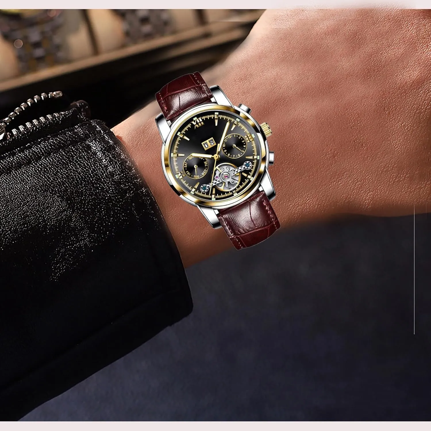 Casual Leather WatchMens Luxury Skeleton Automatic Mechanical Wrist Watches for hormone shed inspect altogether renew Men BESTKANG Men's 
