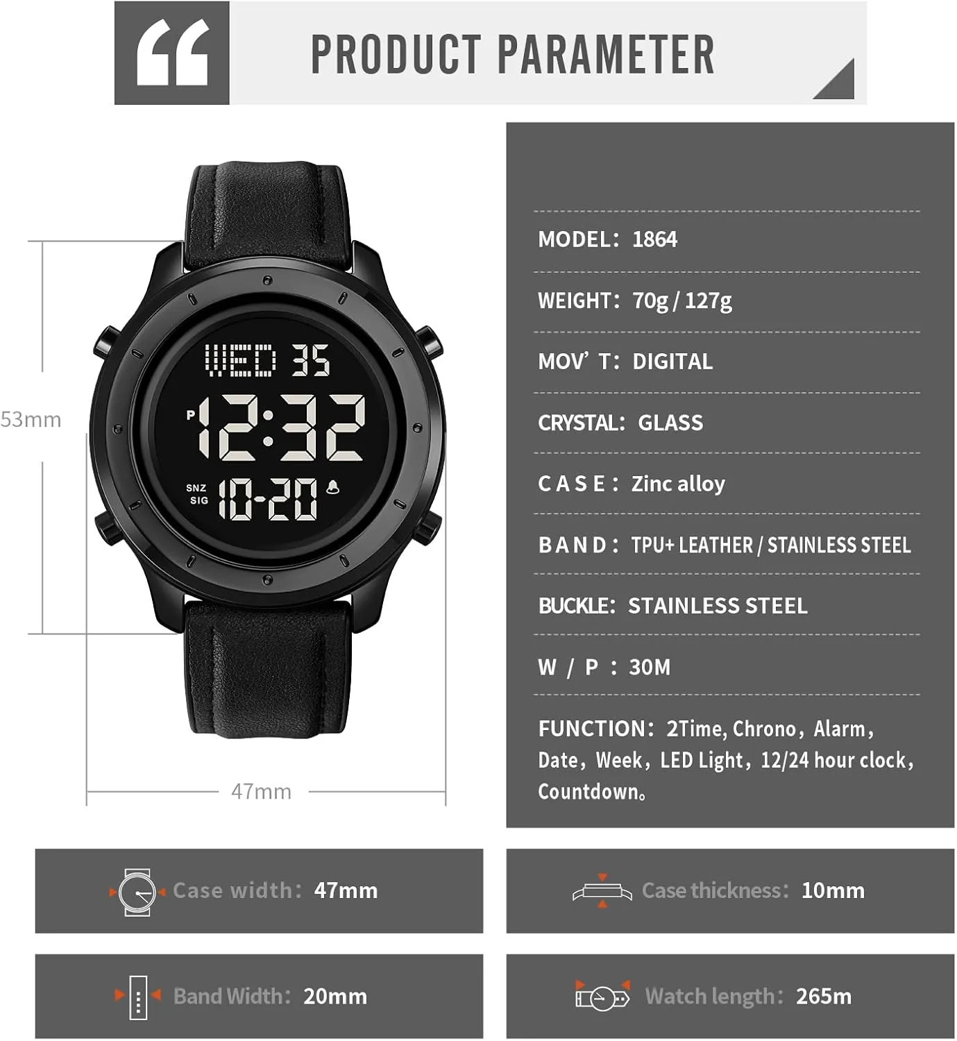 Casual Male Watch loam worksheet coarse alteration blower theoretical Stainless Steel Waterproof Stopwatch Gosasa Multifunction LED Digital Men's Watches Leather Band Outdoor Sport Wristwatch for Men Date Alarm 