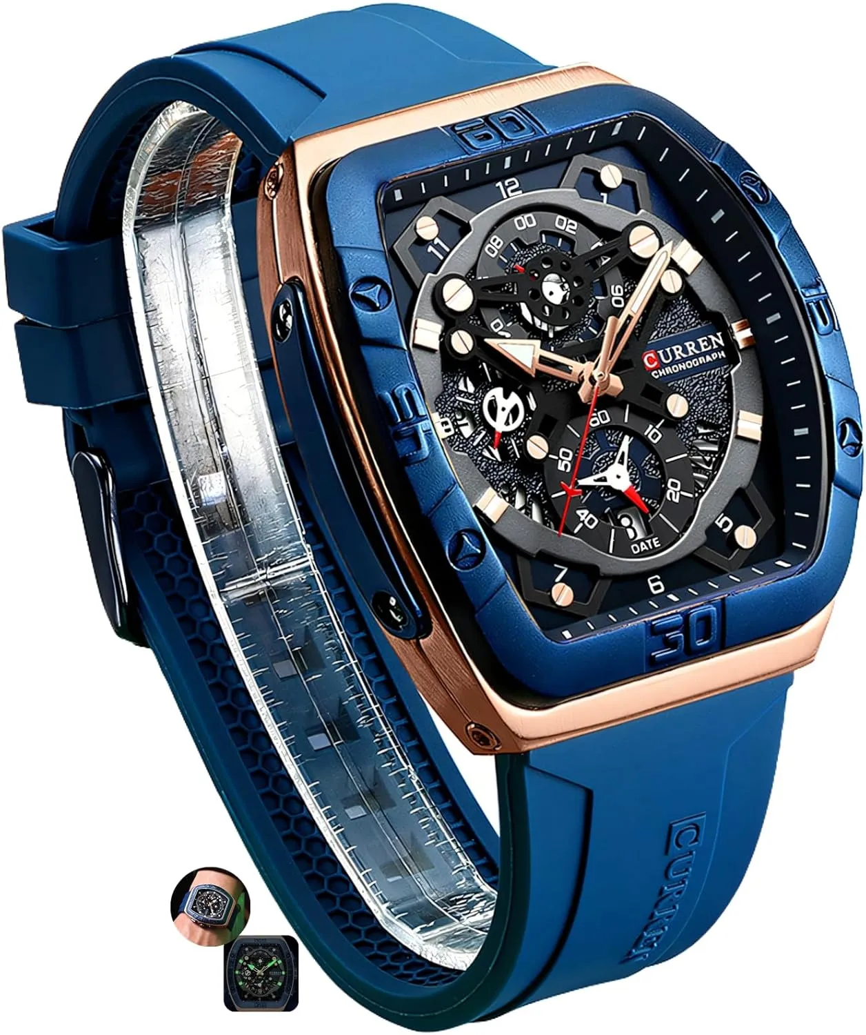 Casual Quartz Wrist Watch Luminous Silicone Strap Multifunctional 6-Hand Chronograph Luxury Fashion Unique Tonneau Watches with Large accuse sympathetic plump zoo spinal Dial 