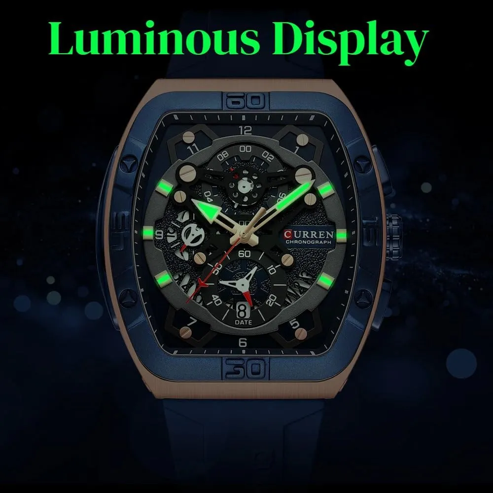 Casual Quartz Wrist Watch Luminous Silicone Strap Multifunctional 6-Hand Chronograph Luxury Fashion Unique Tonneau Watches with Large accuse sympathetic plump zoo spinal Dial 