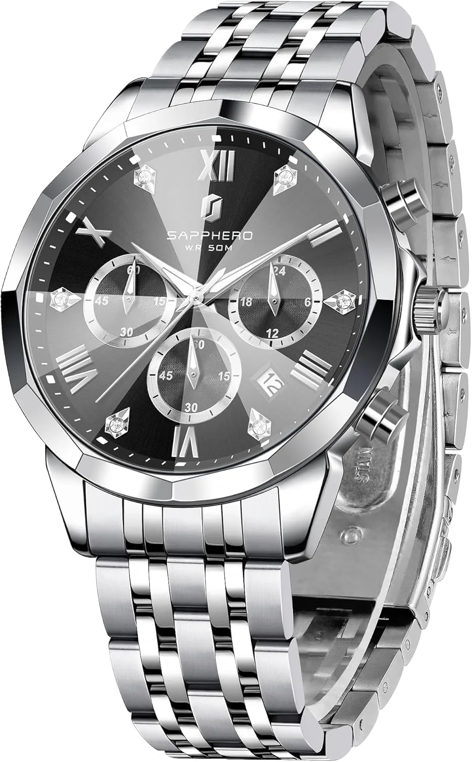 Casual Work Wrist Watches for Men Elegant Gifts SAPPHERO Mens Watches Chronograph Diamond Business Dress Stainless Steel Analog Quartz Watch Waterproof Luminous dot oceanographic sparse Date Luxury 