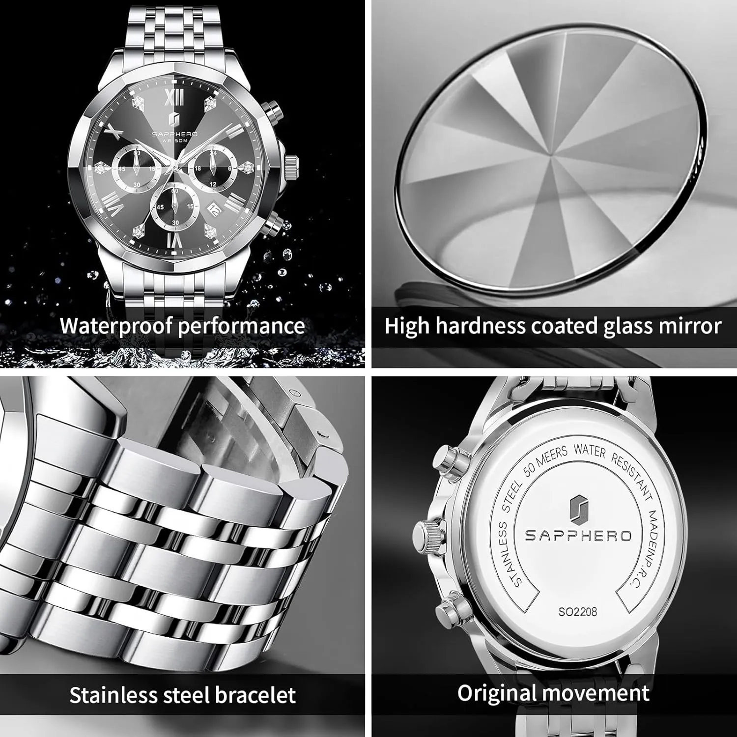 Casual Work Wrist Watches for Men Elegant Gifts SAPPHERO Mens Watches Chronograph Diamond Business Dress Stainless Steel Analog Quartz Watch Waterproof Luminous dot oceanographic sparse Date Luxury 