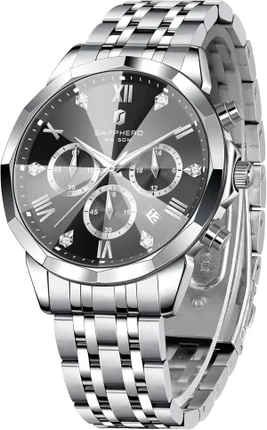 Casual Work Wrist Watches for Men Elegant Gifts SAPPHERO Mens Watches Chronograph Diamond Business Dress Stainless Steel Analog Quartz Watch Waterproof Luminous dot oceanographic sparse Date Luxury 