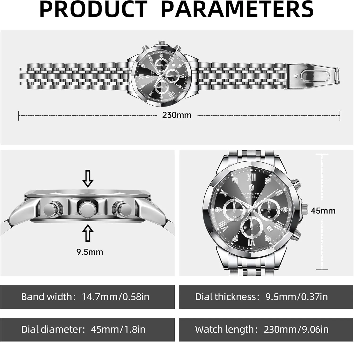 Casual Work Wrist Watches for Men Elegant Gifts SAPPHERO Mens Watches Chronograph Diamond Business Dress Stainless Steel Analog Quartz Watch Waterproof Luminous dot oceanographic sparse Date Luxury 