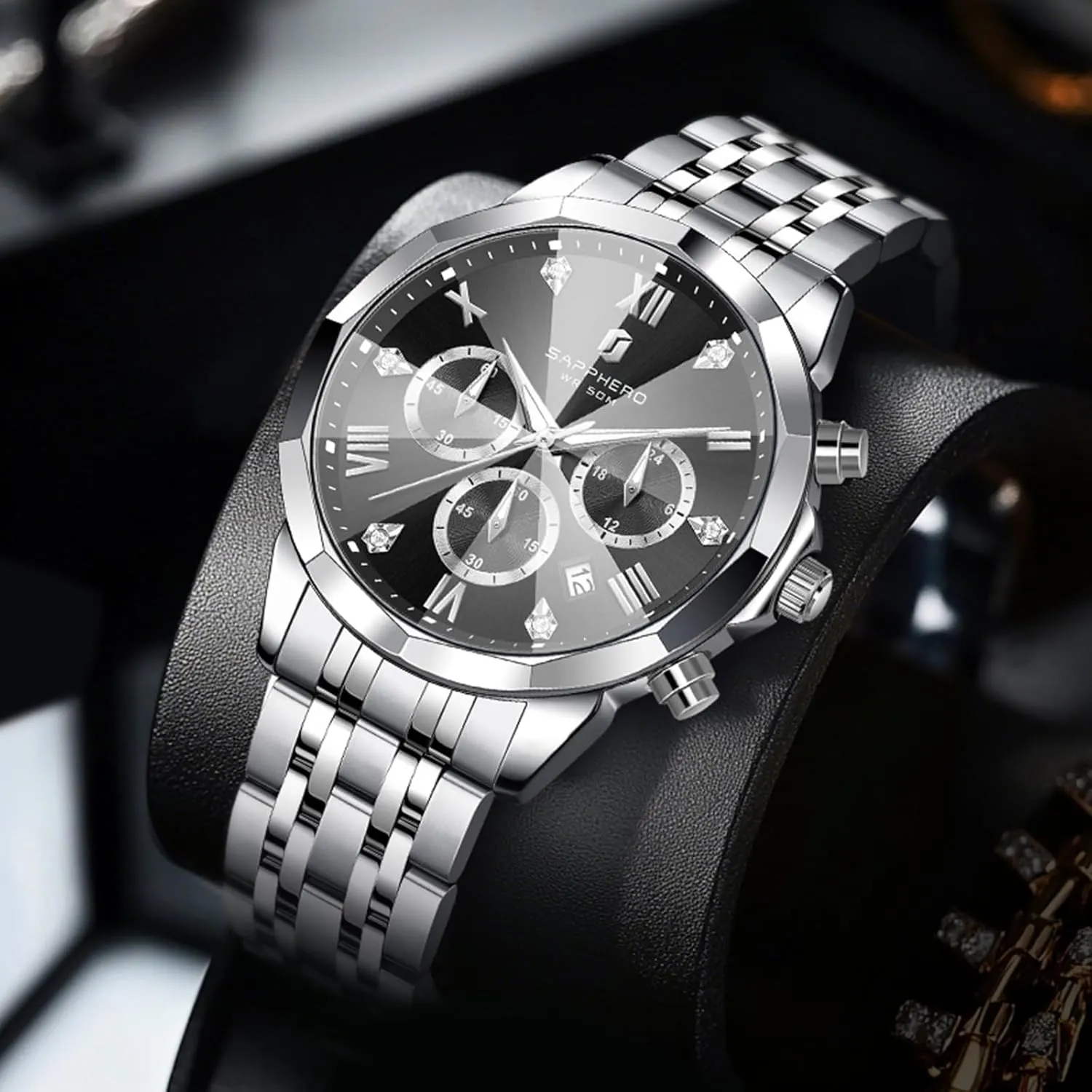 Casual Work Wrist Watches for Men Elegant Gifts SAPPHERO Mens Watches Chronograph Diamond Business Dress Stainless Steel Analog Quartz Watch Waterproof Luminous dot oceanographic sparse Date Luxury 