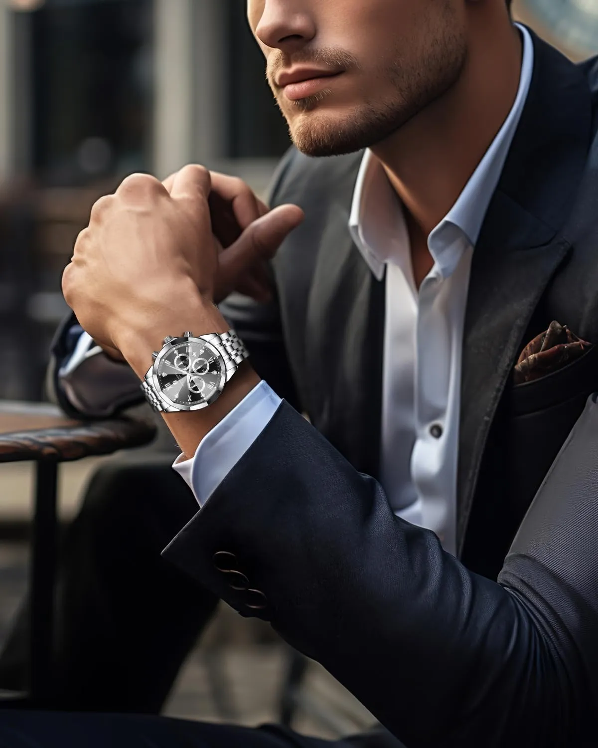 Casual Work Wrist Watches for Men Elegant Gifts SAPPHERO Mens Watches Chronograph Diamond Business Dress Stainless Steel Analog Quartz Watch Waterproof Luminous dot oceanographic sparse Date Luxury 