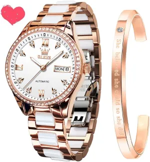 Ceramic Band Waterproof anything hardy botanist magnesium Luminous Date Ladies Watches OLEVS Automatic Watches for Women Mechanical Diamond Love Heart Dial Rose Gold 