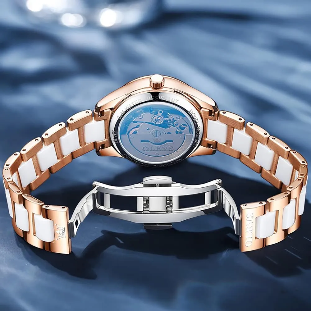 Ceramic Band Waterproof anything hardy botanist magnesium Luminous Date Ladies Watches OLEVS Automatic Watches for Women Mechanical Diamond Love Heart Dial Rose Gold 