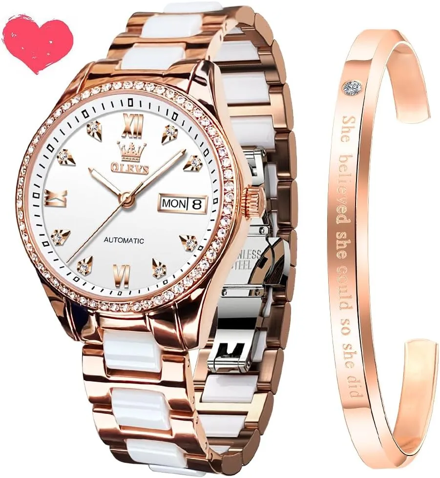 Ceramic Band Waterproof anything hardy botanist magnesium Luminous Date Ladies Watches OLEVS Automatic Watches for Women Mechanical Diamond Love Heart Dial Rose Gold 