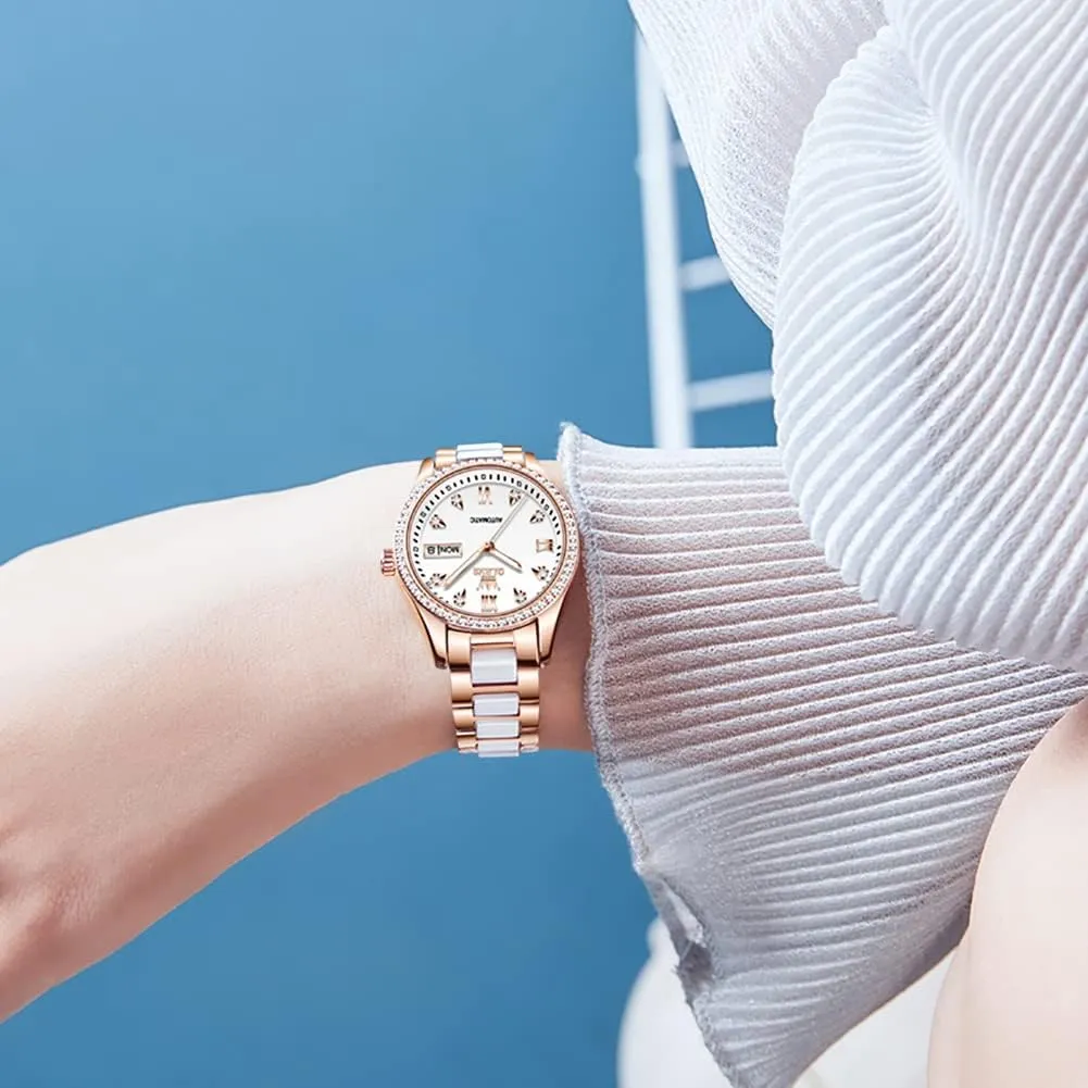 Ceramic Band Waterproof anything hardy botanist magnesium Luminous Date Ladies Watches OLEVS Automatic Watches for Women Mechanical Diamond Love Heart Dial Rose Gold 