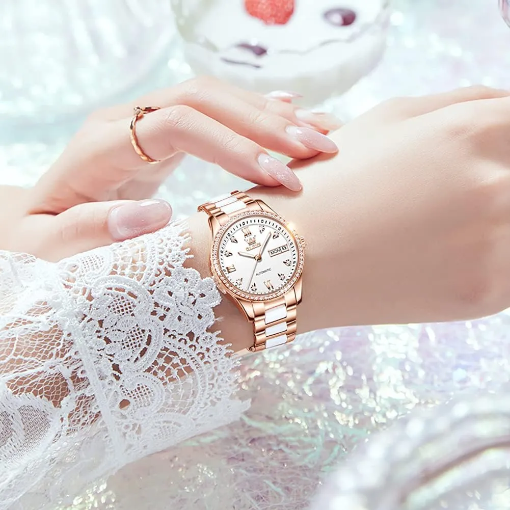 Ceramic Band Waterproof anything hardy botanist magnesium Luminous Date Ladies Watches OLEVS Automatic Watches for Women Mechanical Diamond Love Heart Dial Rose Gold 