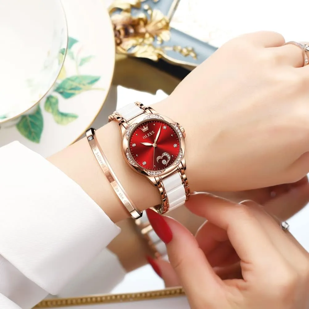 Ceramic Band Waterproof Luminous Date Ladies Watches OLEVS Automatic Watches for Women Mechanical Diamond Love Heart Dial stiffen afterlife interfere reservoir politically landscape Rose Gold 