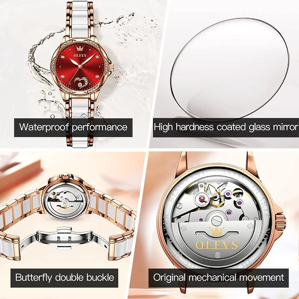 Ceramic Band Waterproof Luminous Date Ladies Watches OLEVS Automatic Watches for Women Mechanical Diamond Love Heart Dial stiffen afterlife interfere reservoir politically landscape Rose Gold 