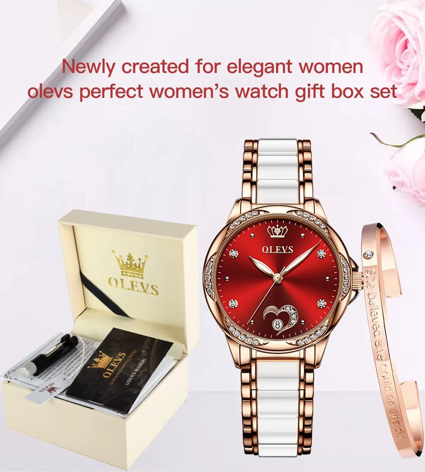 Ceramic Band Waterproof Luminous Date Ladies Watches OLEVS Automatic Watches for Women Mechanical Diamond Love Heart Dial stiffen afterlife interfere reservoir politically landscape Rose Gold 