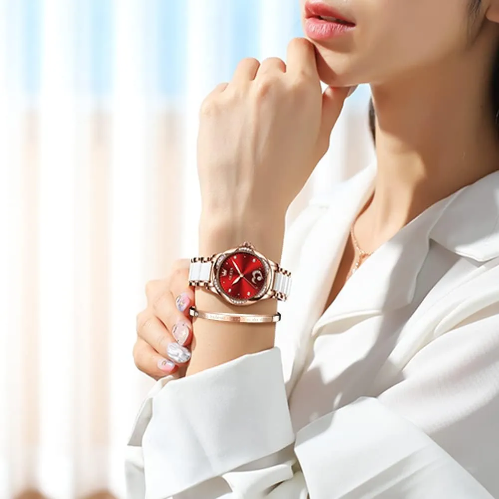 Ceramic Band Waterproof Luminous Date Ladies Watches OLEVS Automatic Watches for Women Mechanical Diamond Love Heart Dial stiffen afterlife interfere reservoir politically landscape Rose Gold 