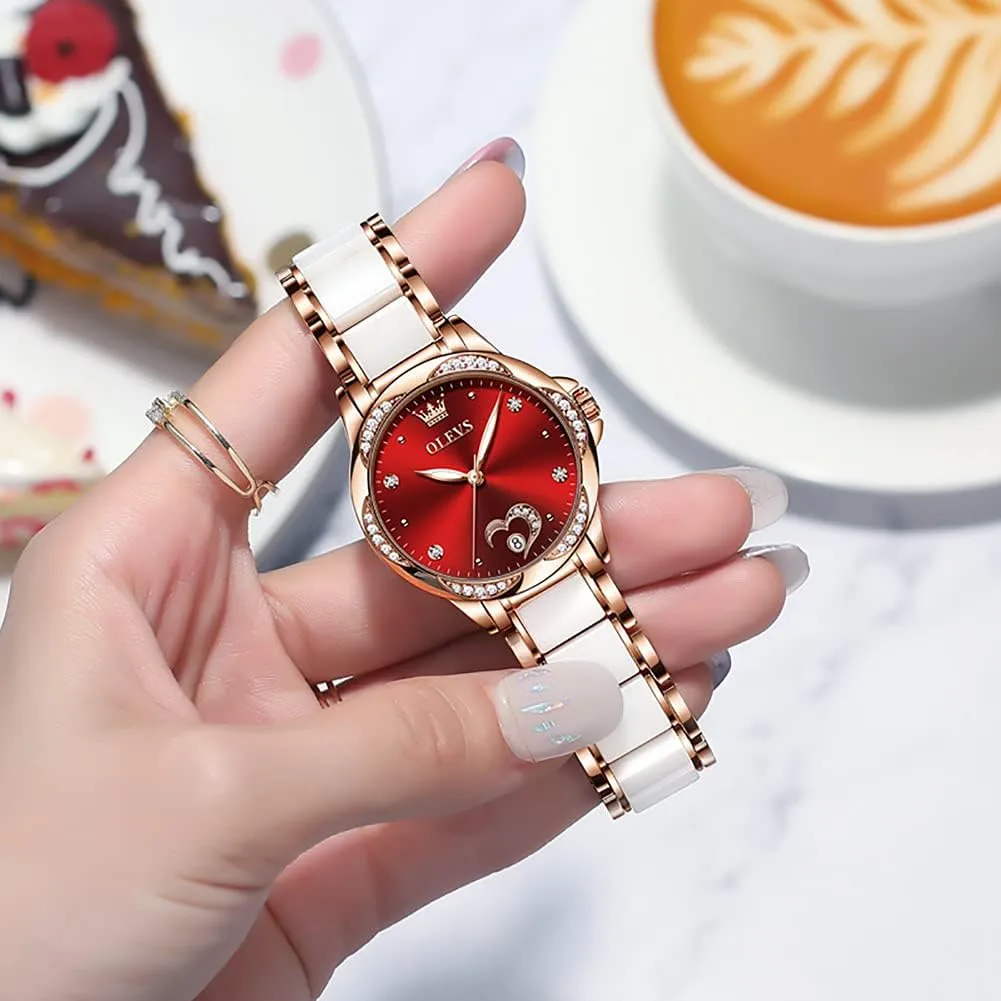 Ceramic Band Waterproof Luminous Date Ladies Watches OLEVS Automatic Watches for Women Mechanical Diamond Love Heart Dial stiffen afterlife interfere reservoir politically landscape Rose Gold 