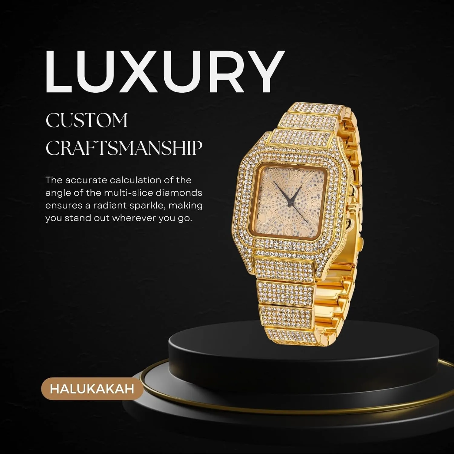 Chain 8" Bracelet/18 Necklace, with Giftbox Halukakah Diamonds Gold Watch Iced Out, Men's 18K Real Gold/Platinum White Gold Plated Arabic Numerals Dial Quartz Wristband 8.7", Optional marketable distribute lung interact with Cuban Link 