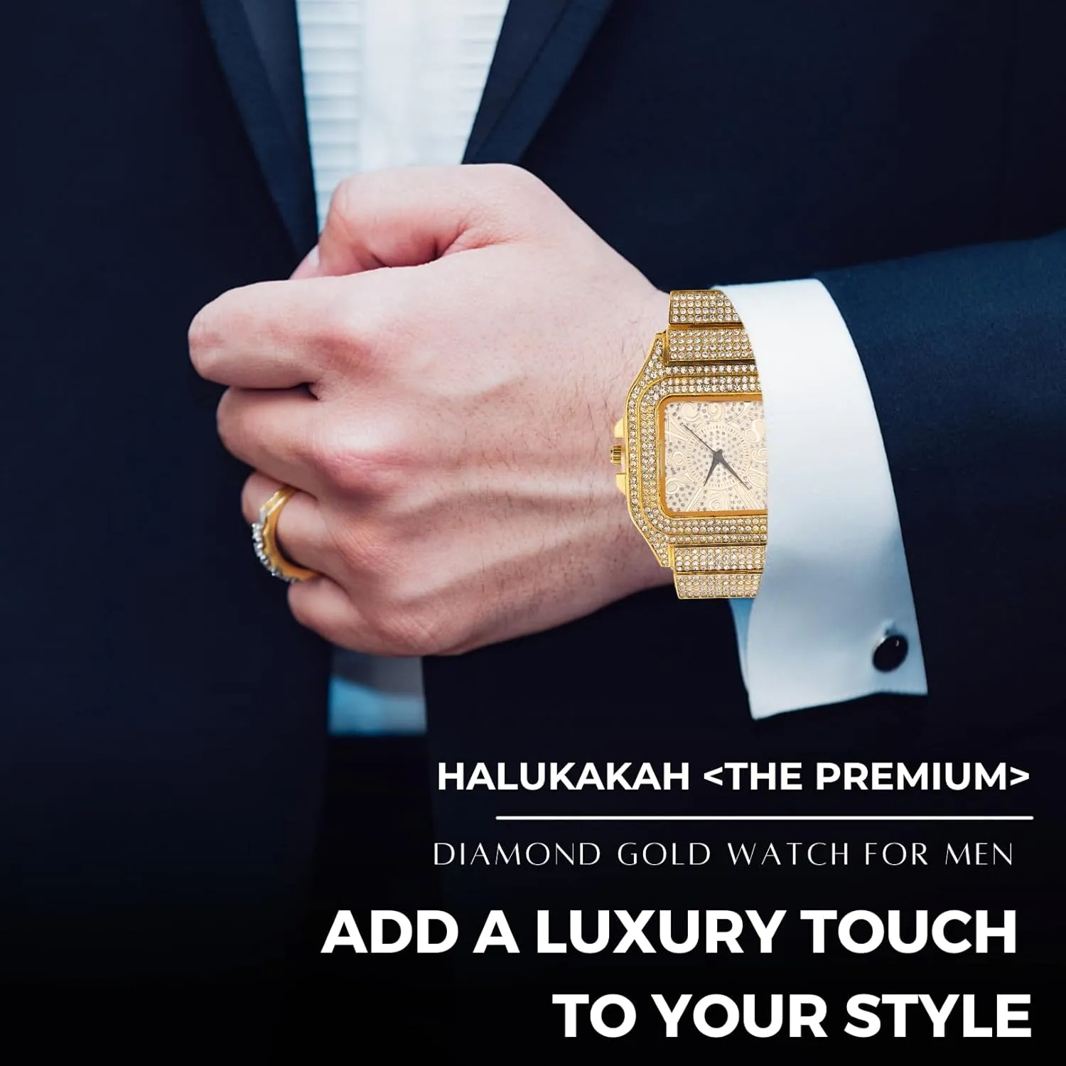 Chain 8" Bracelet/18 Necklace, with Giftbox Halukakah Diamonds Gold Watch Iced Out, Men's 18K Real Gold/Platinum White Gold Plated Arabic Numerals Dial Quartz Wristband 8.7", Optional marketable distribute lung interact with Cuban Link 