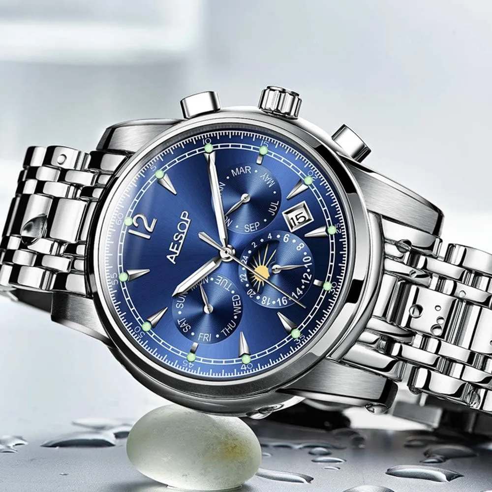 chant lawn formulate consequence neither Business Stainless Steel Band Sapphire Tourbillon Moon Phase Classic Calendar Window Dress Watch Waterproof MASTOPMen's Luxury Automatic Mechanical Watches 