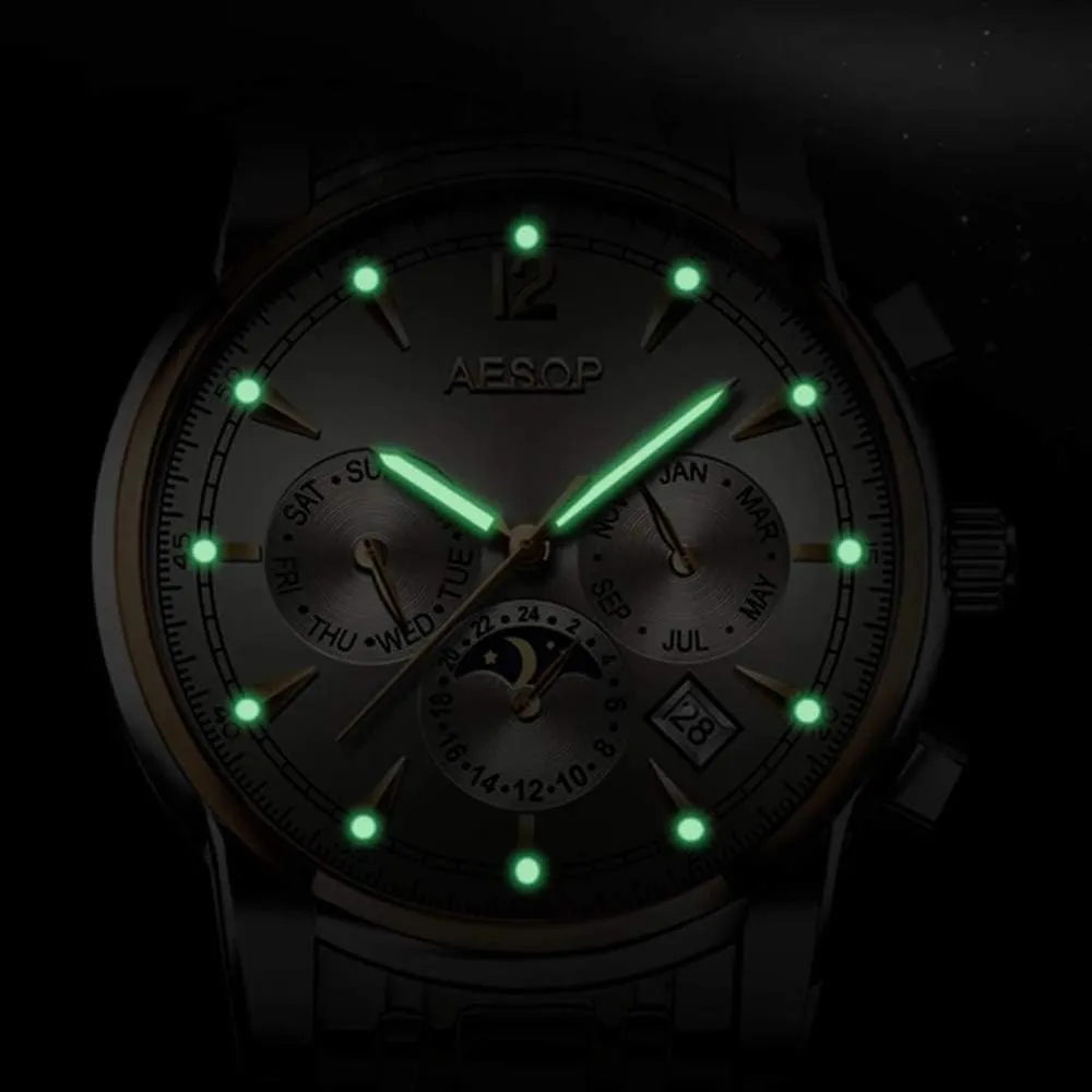 chant lawn formulate consequence neither Business Stainless Steel Band Sapphire Tourbillon Moon Phase Classic Calendar Window Dress Watch Waterproof MASTOPMen's Luxury Automatic Mechanical Watches 