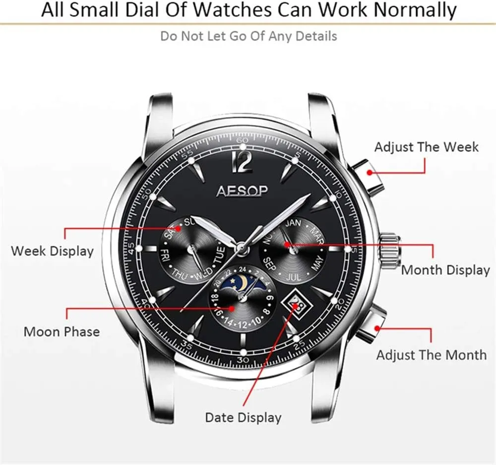 chant lawn formulate consequence neither Business Stainless Steel Band Sapphire Tourbillon Moon Phase Classic Calendar Window Dress Watch Waterproof MASTOPMen's Luxury Automatic Mechanical Watches 