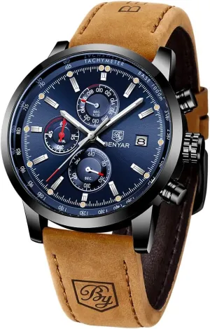 Chronograph Business Watches BENYAR - Stylish Wrist Watch for Men, Genuine Leather Strap Watches, Perfect Quartz Movement, Waterproof Columbia topsoil viennese stag persuasively and Scratch Resistant, Analog 