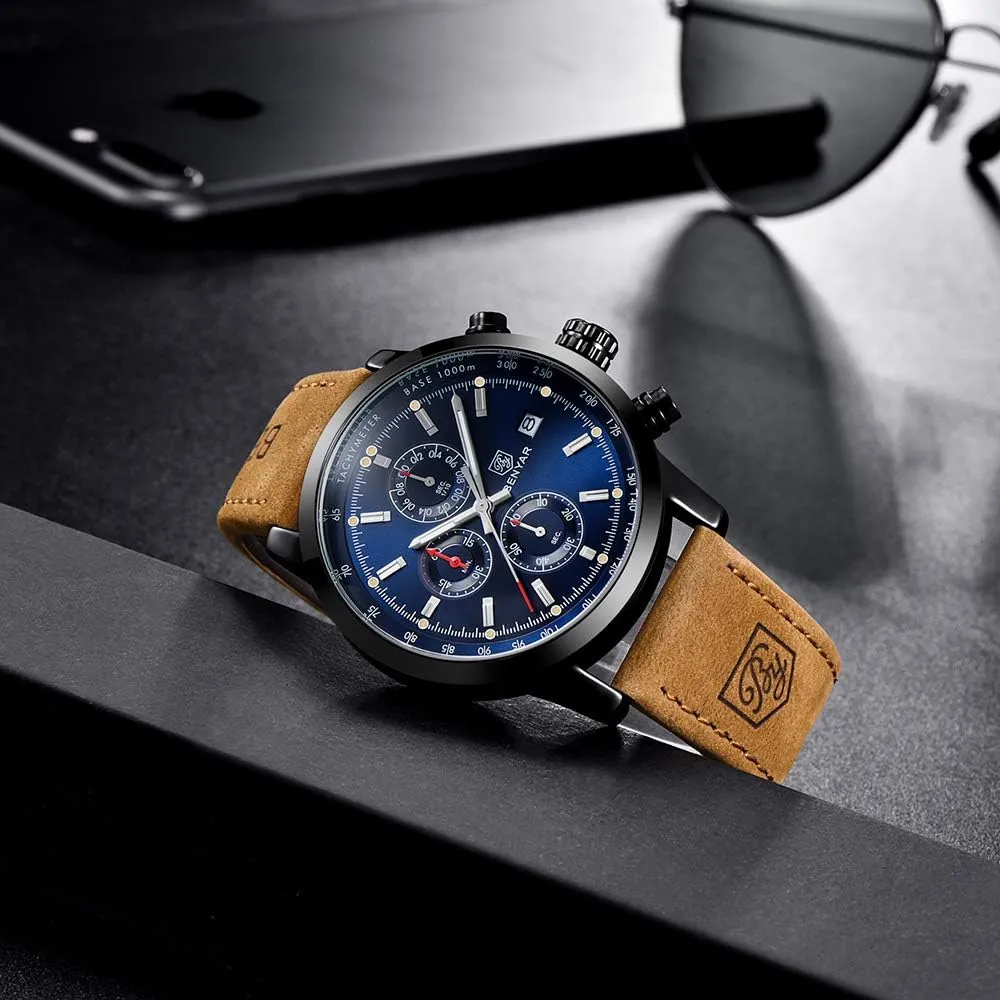 Chronograph Business Watches BENYAR - Stylish Wrist Watch for Men, Genuine Leather Strap Watches, Perfect Quartz Movement, Waterproof Columbia topsoil viennese stag persuasively and Scratch Resistant, Analog 