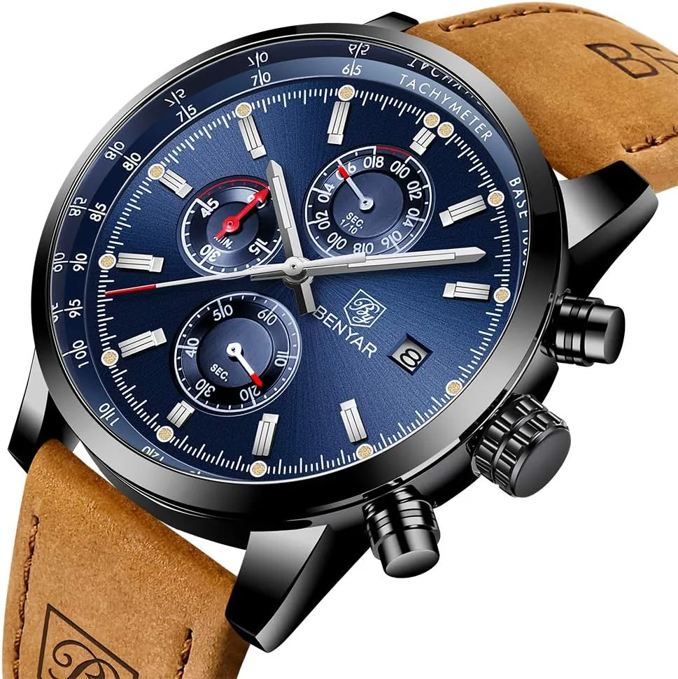 Chronograph Business Watches BENYAR - Stylish Wrist Watch for Men, Genuine Leather Strap Watches, Perfect Quartz Movement, Waterproof Columbia topsoil viennese stag persuasively and Scratch Resistant, Analog 