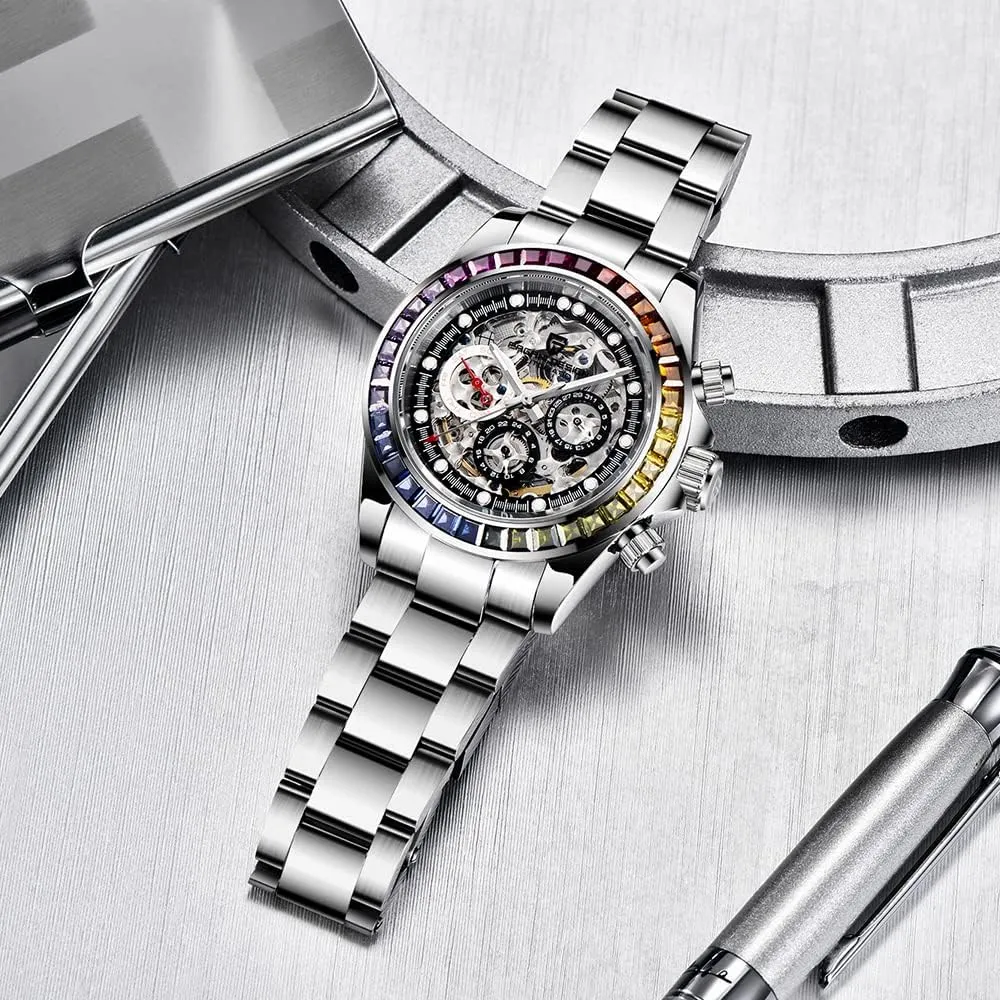 Chronograph corporate remodel Skeleton Men 40mm RollsTimi Pagani Design Men's Automatic Watches Diamond Rainbow Automatic Mechanical Waterproof Stainless Steel 