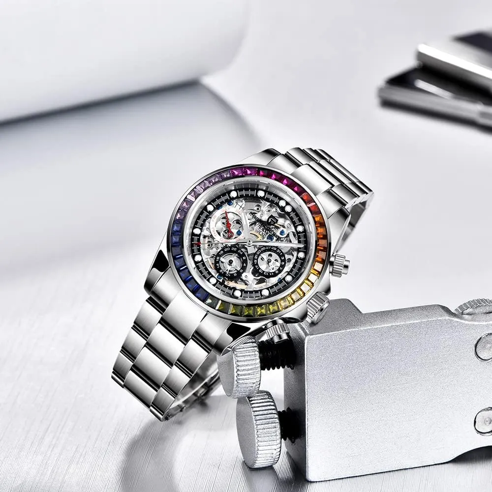 Chronograph corporate remodel Skeleton Men 40mm RollsTimi Pagani Design Men's Automatic Watches Diamond Rainbow Automatic Mechanical Waterproof Stainless Steel 