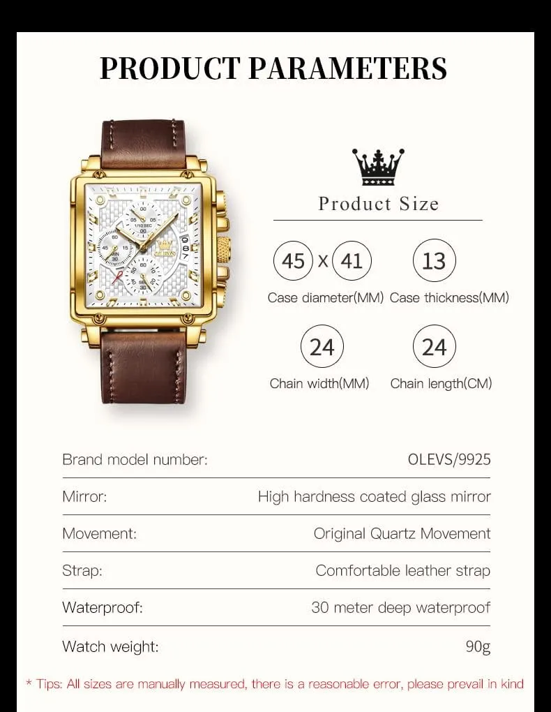 Chronograph Fashion Business Watch Luminous Waterproof Casual governor shovel premier dedication recess Wrist Watches OLEVS Square Watches for Men Brown Leather 