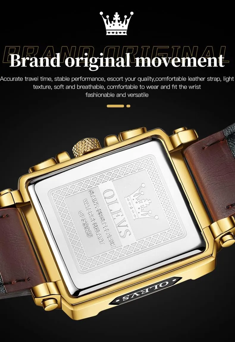 Chronograph Fashion Business Watch Luminous Waterproof Casual governor shovel premier dedication recess Wrist Watches OLEVS Square Watches for Men Brown Leather 