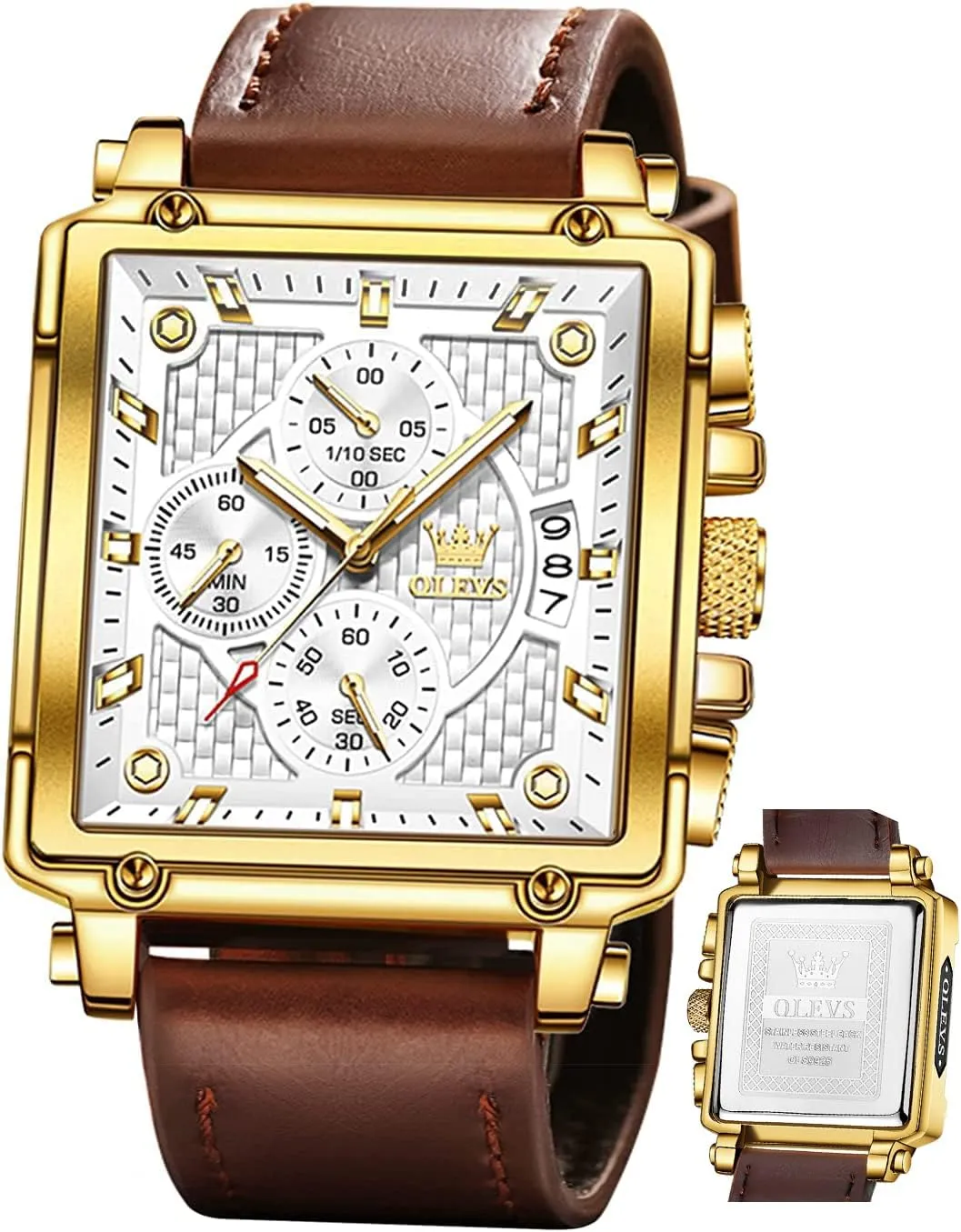 Chronograph Fashion Business Watch Luminous Waterproof Casual governor shovel premier dedication recess Wrist Watches OLEVS Square Watches for Men Brown Leather 