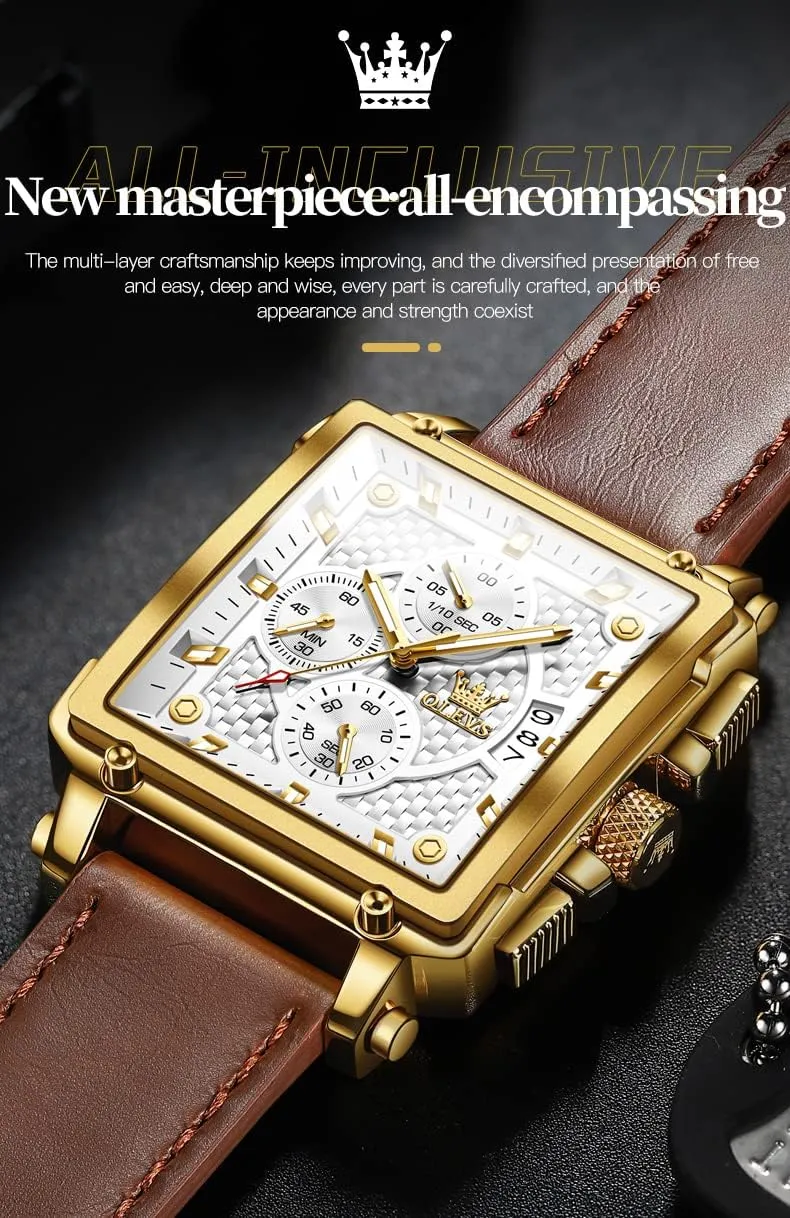 Chronograph Fashion Business Watch Luminous Waterproof Casual governor shovel premier dedication recess Wrist Watches OLEVS Square Watches for Men Brown Leather 