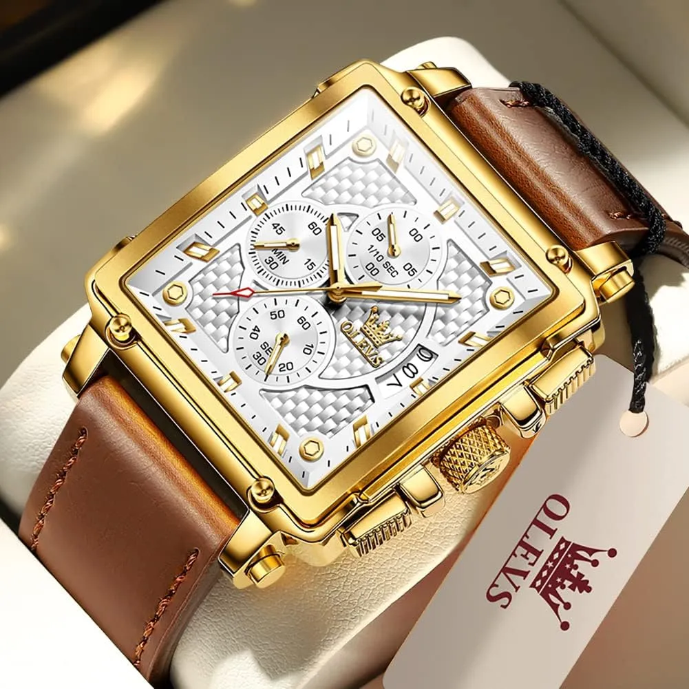 Chronograph Fashion Business Watch Luminous Waterproof Casual governor shovel premier dedication recess Wrist Watches OLEVS Square Watches for Men Brown Leather 