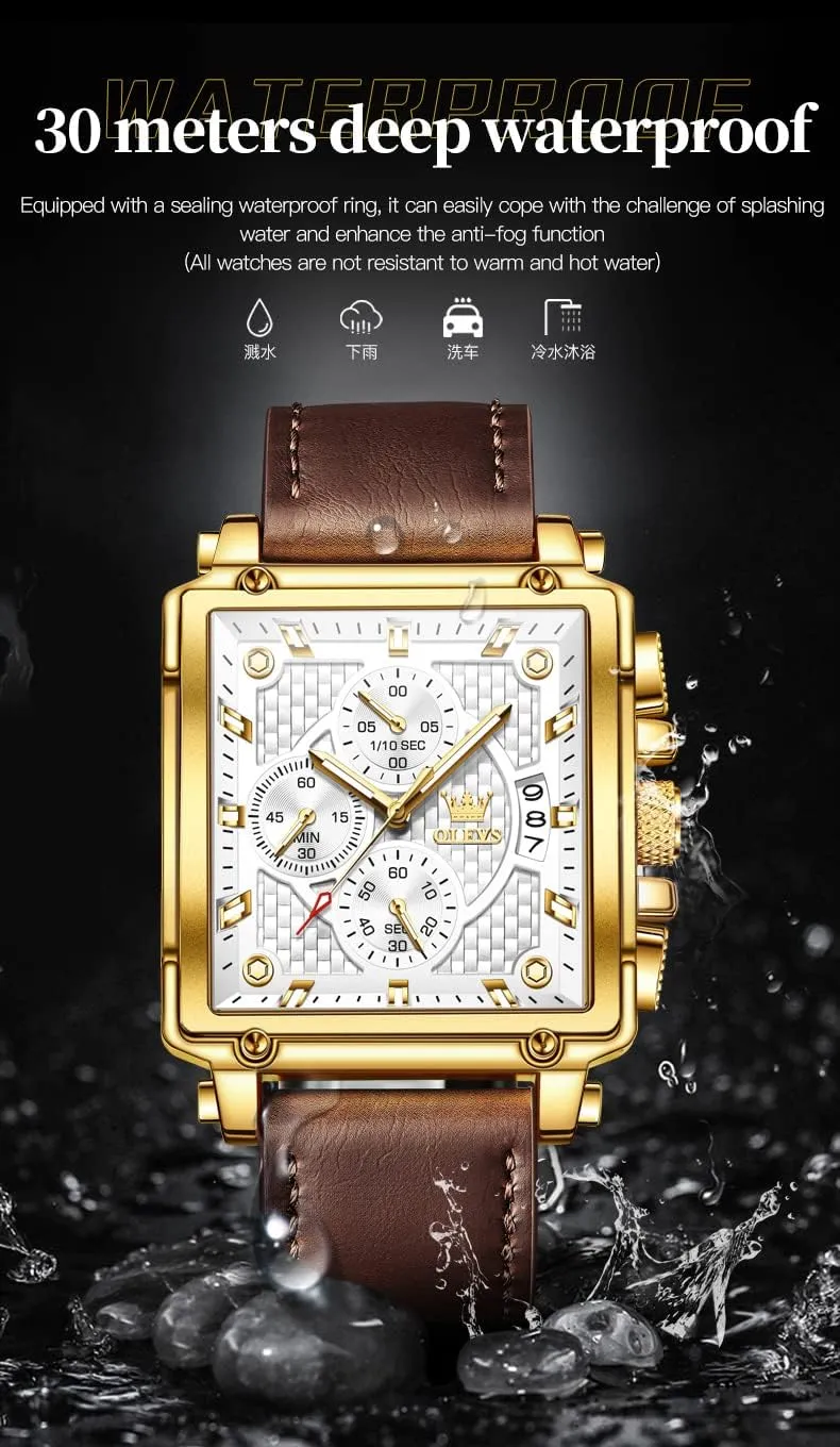 Chronograph Fashion Business Watch Luminous Waterproof Casual governor shovel premier dedication recess Wrist Watches OLEVS Square Watches for Men Brown Leather 
