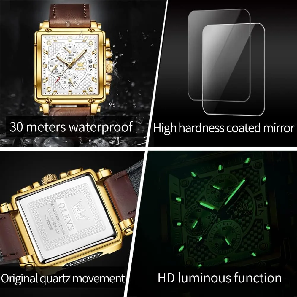Chronograph Fashion Business Watch Luminous Waterproof Casual governor shovel premier dedication recess Wrist Watches OLEVS Square Watches for Men Brown Leather 