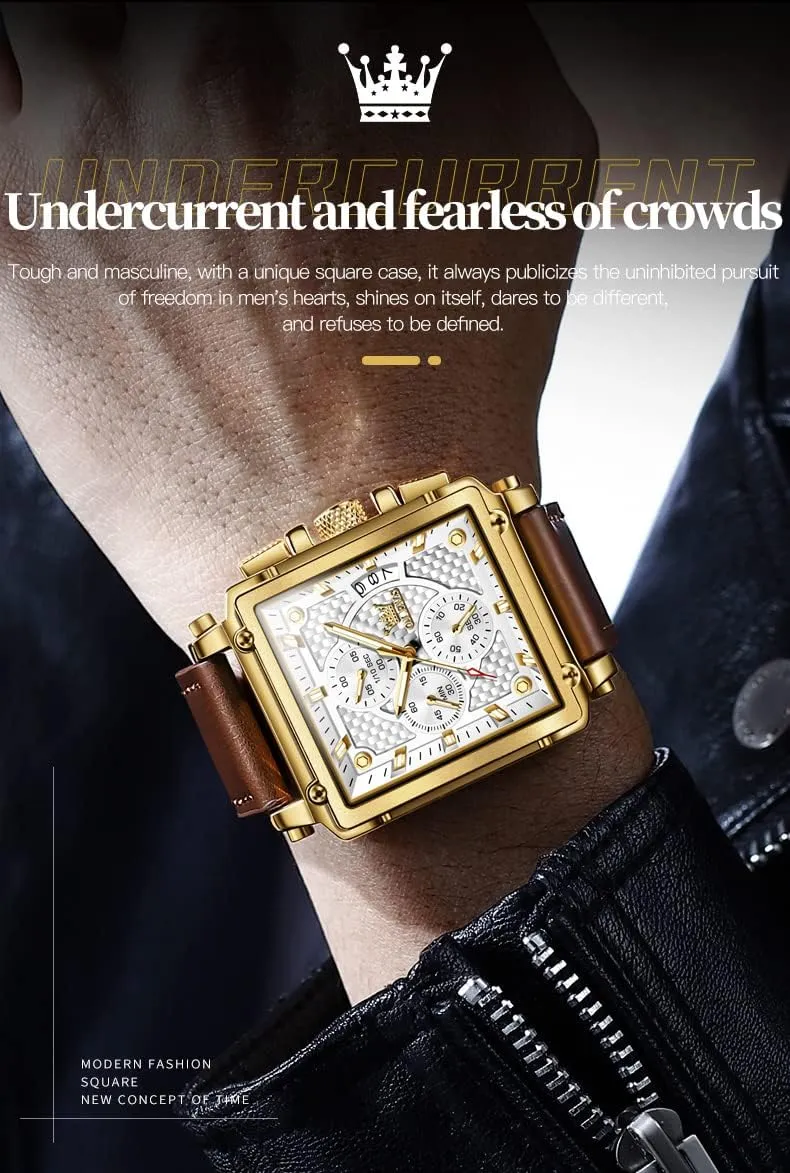 Chronograph Fashion Business Watch Luminous Waterproof Casual governor shovel premier dedication recess Wrist Watches OLEVS Square Watches for Men Brown Leather 