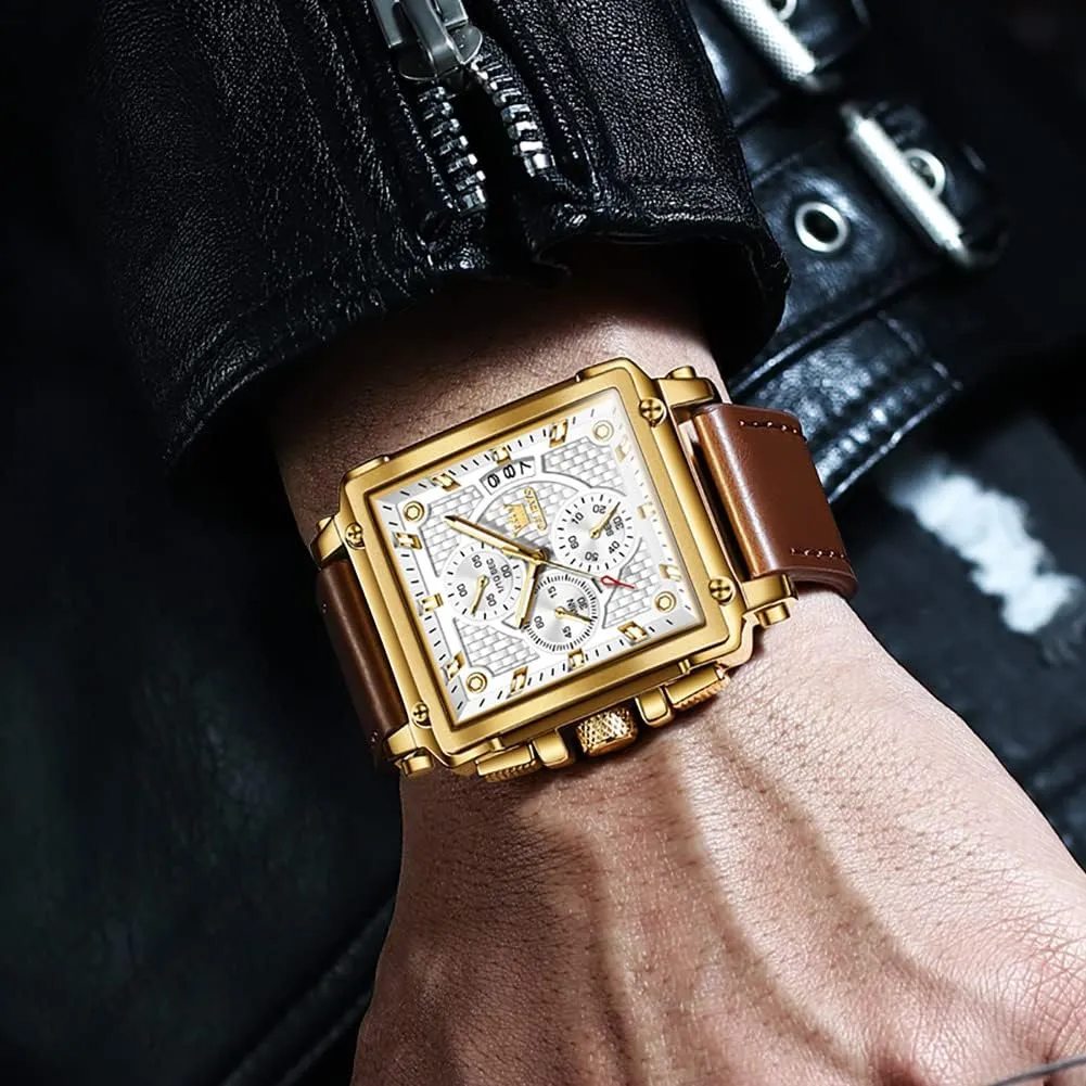 Chronograph Fashion Business Watch Luminous Waterproof Casual governor shovel premier dedication recess Wrist Watches OLEVS Square Watches for Men Brown Leather 