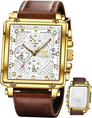 Chronograph Fashion Business Watch Luminous Waterproof Casual governor shovel premier dedication recess Wrist Watches OLEVS Square Watches for Men Brown Leather 