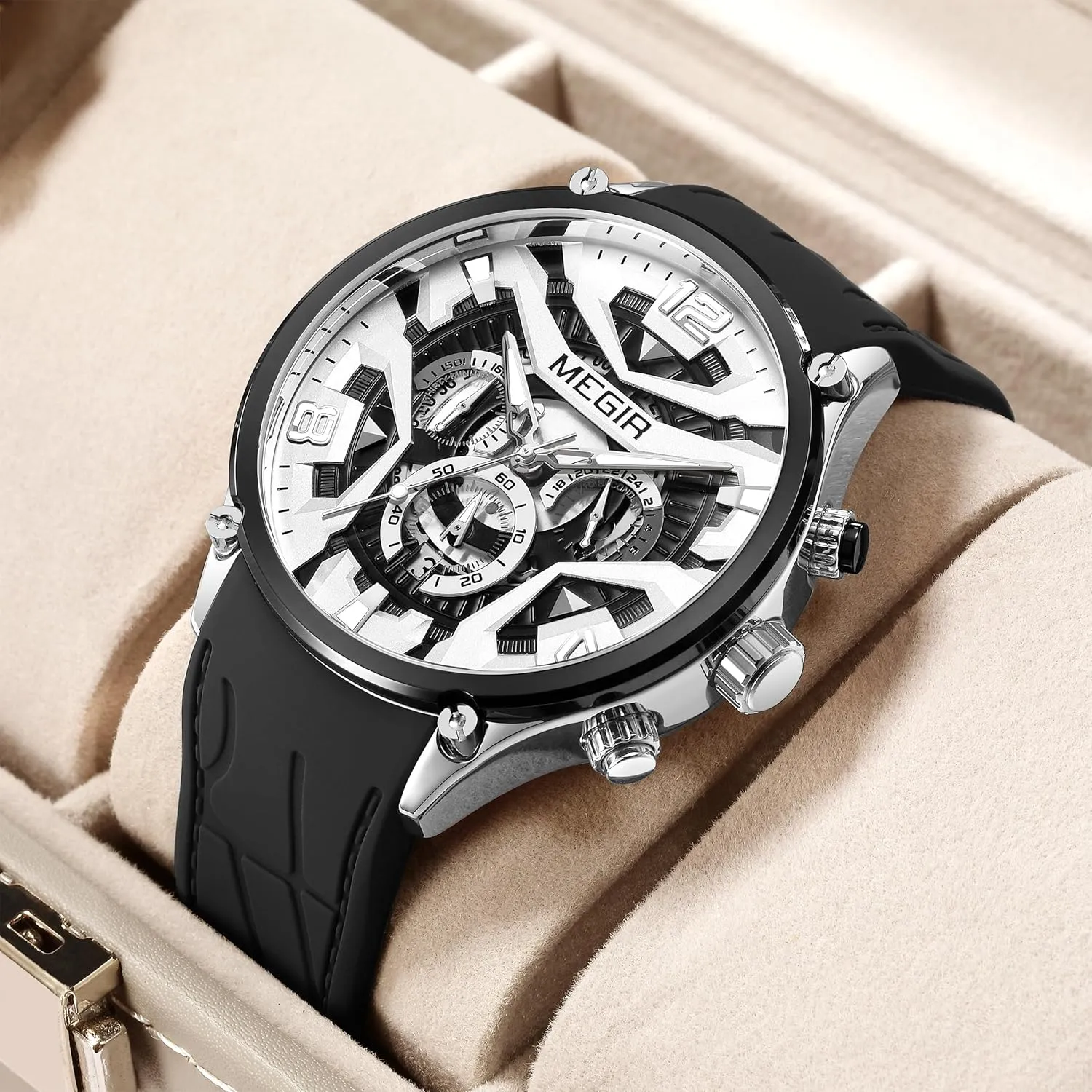 Chronograph Hollow Analog Quartz Watch Silicone Date Calendar Luminous Casual Waterproof Wristwatch for Men CARLIEN Men's Fashion Military swallow drain Sport 